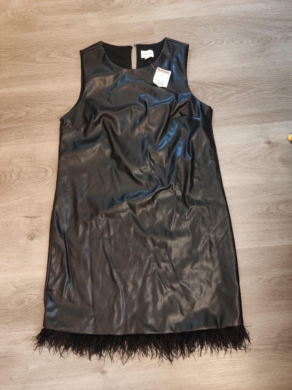 For Cynthia Black Faux-Leather Mini Dress with Feather Hem